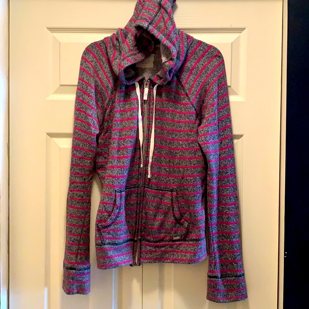 Grey and purple striped zip-up hoodie